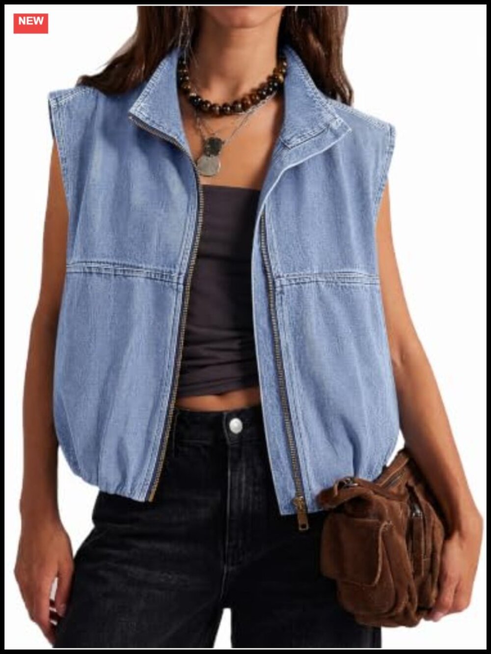 Womens Zip Up Denim Vest Sleeveless Jean Top Summer Casual Bubble Hem